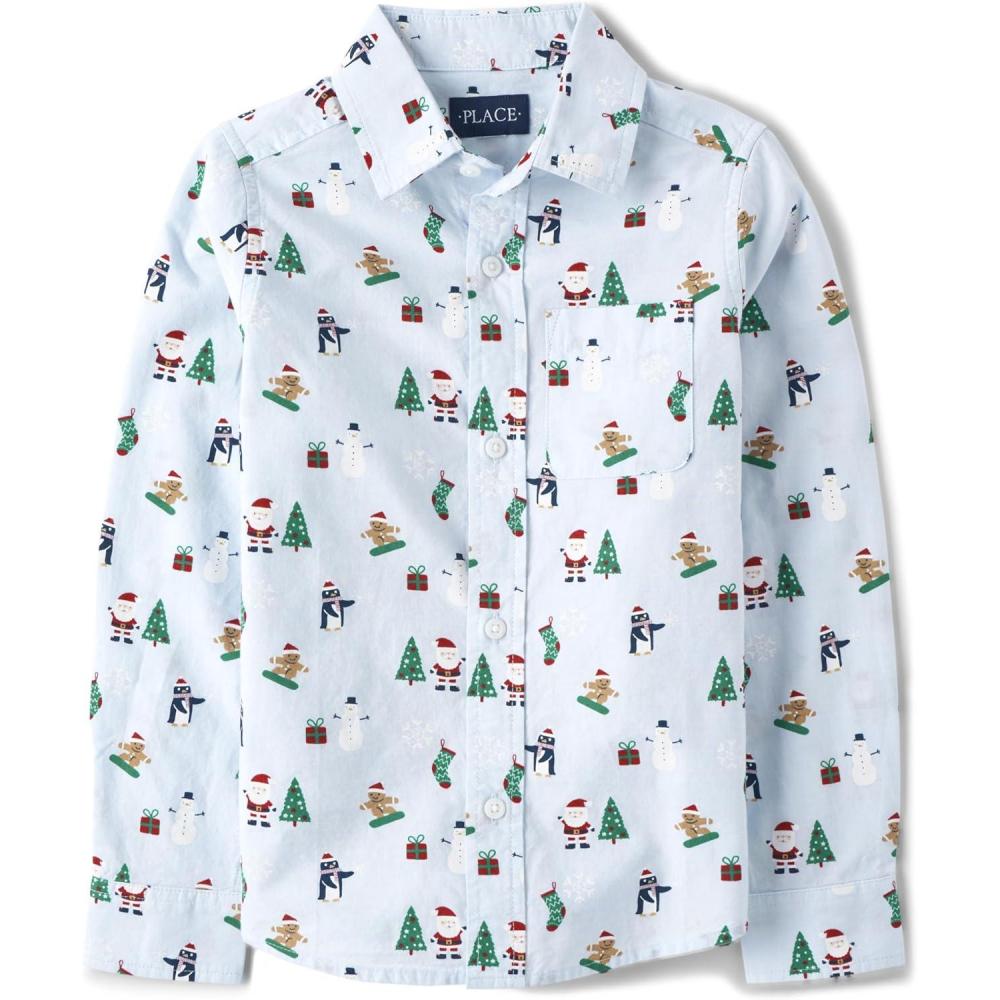 imageThe Childrens Place Big Boys Long Sleeve Poplin Button Down ShirtHoliday Print