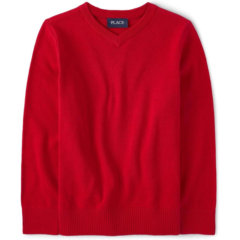 imageThe Childrens Place Boys Long Sleeve VNeck Pullover SweaterClassic Red
