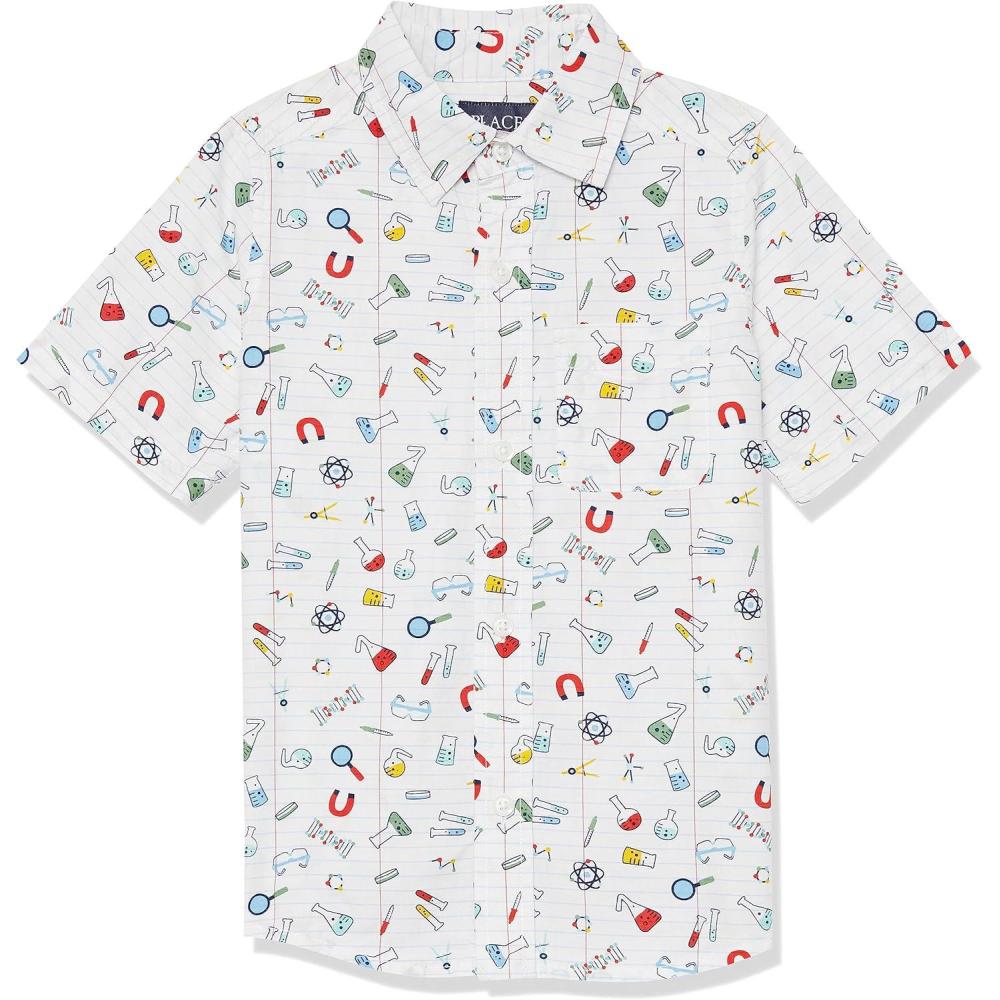 imageThe Childrens Place Boys Short Sleeve Poplin Button Down ShirtSchool Doodle White