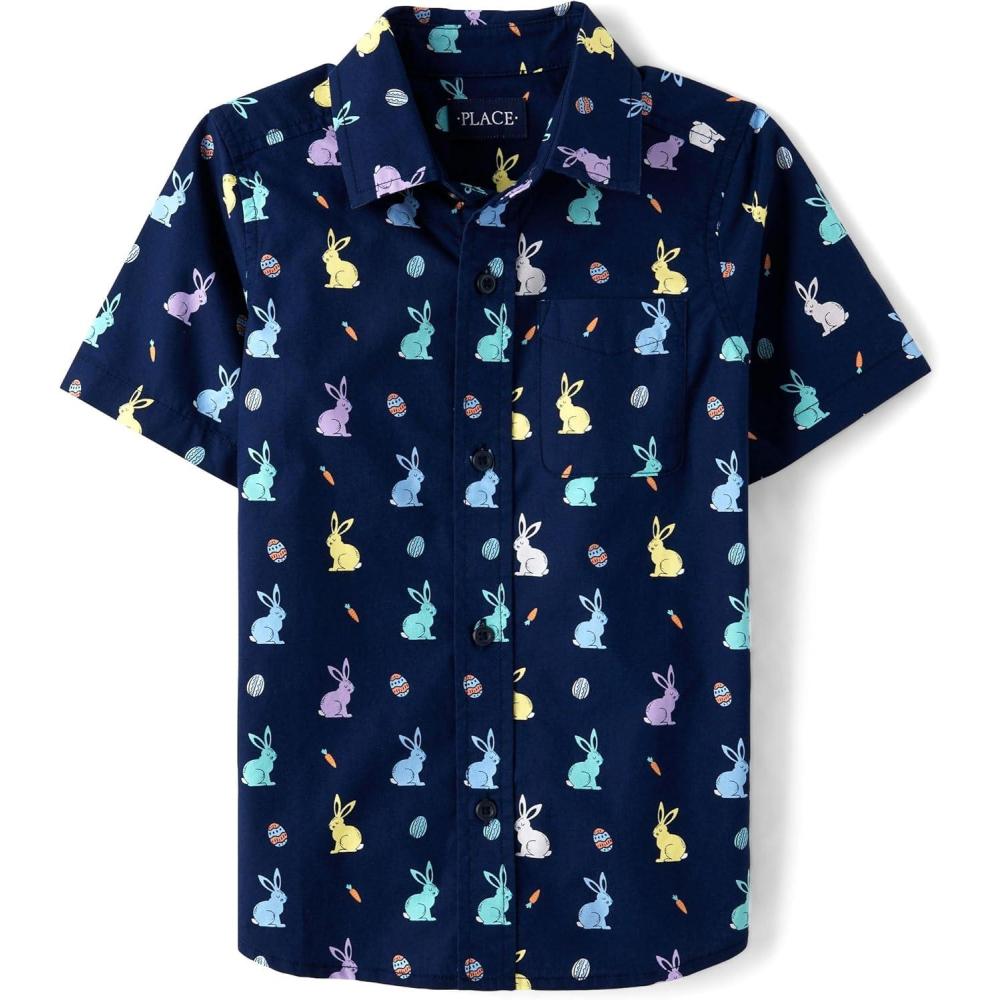 imageThe Childrens Place Boys Short Sleeve Poplin Button Down ShirtTidal Bunny