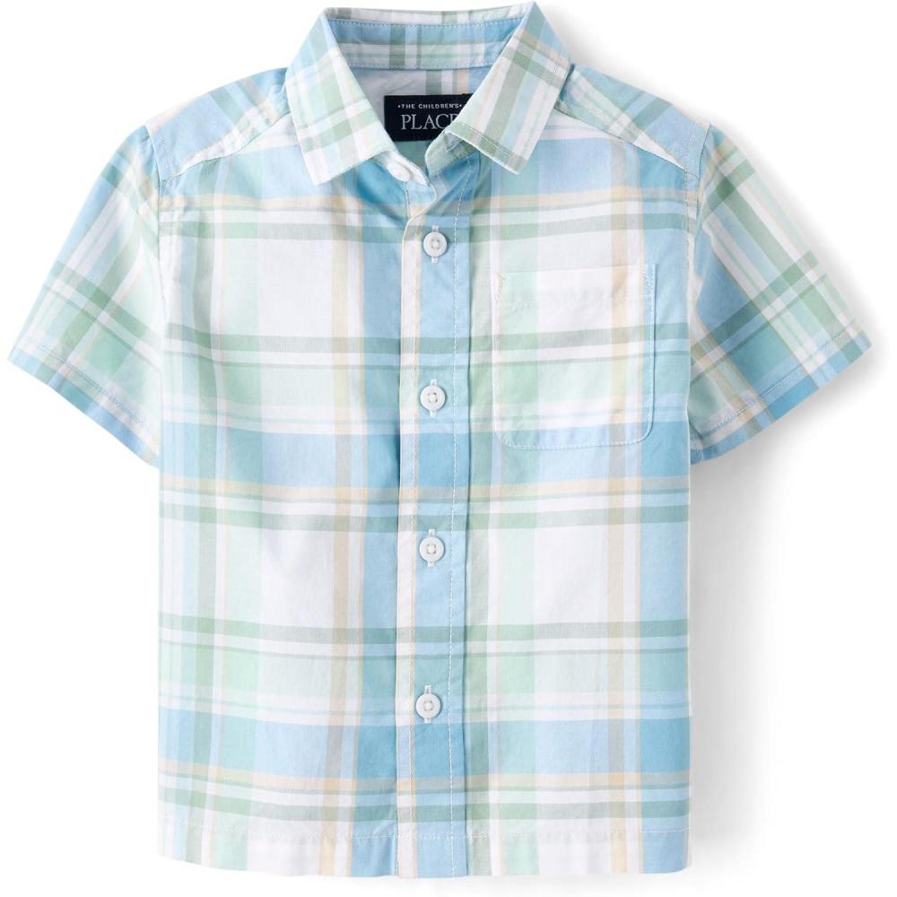 imageThe Childrens Place Boys and Toddler Poplin Short Sleeve Button Down ShirtMint Plaid