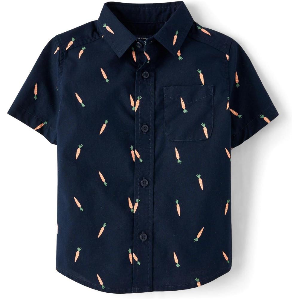 imageThe Childrens Place Boys and Toddler Poplin Short Sleeve Button Down ShirtNavy Carrots