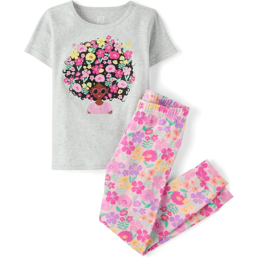 imageThe Childrens Place Girls 100 Cotton Short Sleeve Top and Pants2 Piece Pajama SetFloral Cameo