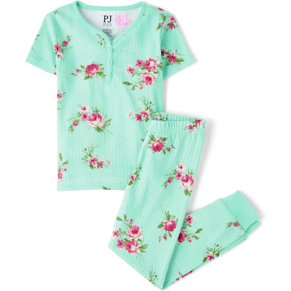 imageThe Childrens Place Girls 100 Cotton Short Sleeve Top and Pants2 Piece Pajama SetMint Floral