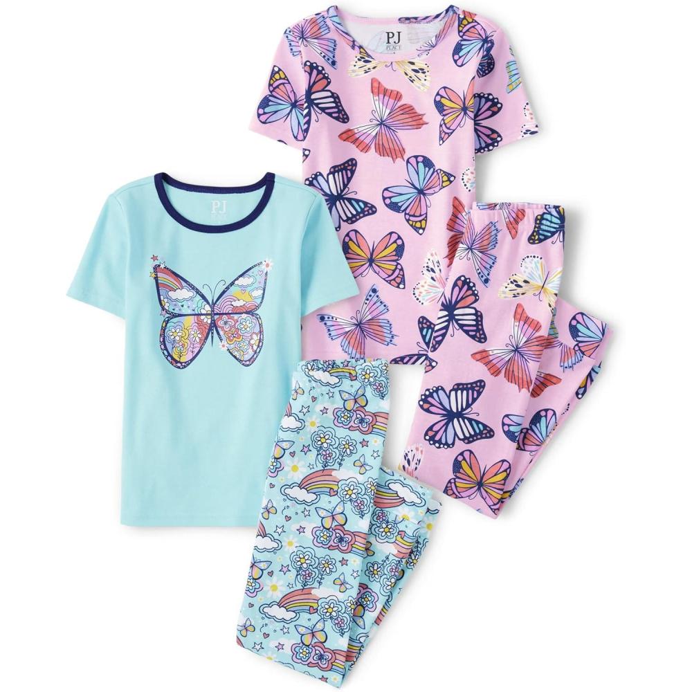 imageThe Childrens Place Girls 100 Cotton Short Sleeve Top and Pants2 Piece Pajama SetRainbowsButterflies 2pack