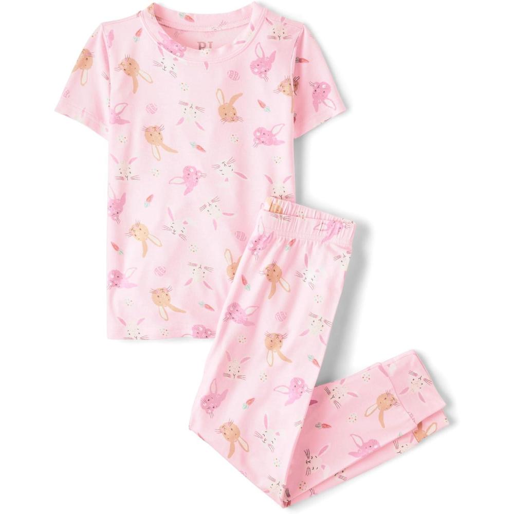 imageThe Childrens Place Girls 100 Cotton Short Sleeve Top and Pants2 Piece Pajama SetSpring Pink