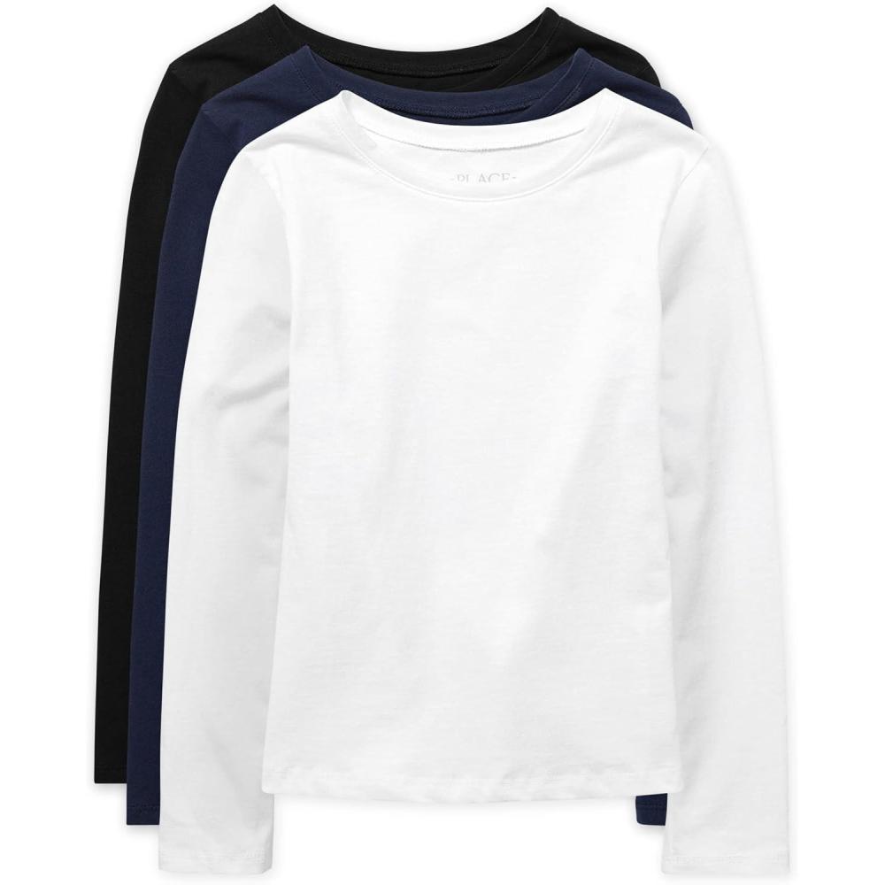 imageThe Childrens Place Girls Basic Long Sleeve Layering TeesBlackTidalWhite 3pack