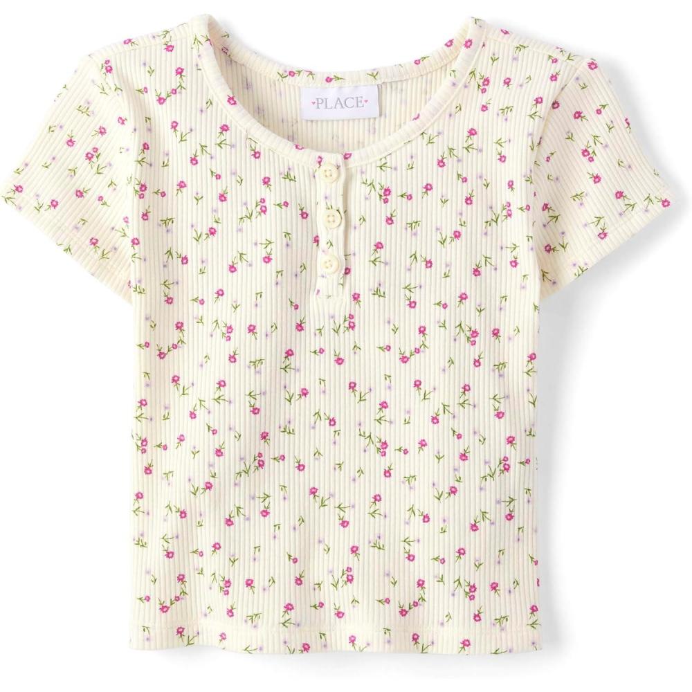imageThe Childrens Place Girls Basic Short Sleeve Knit ShirtsWhite Daisy Ribbed