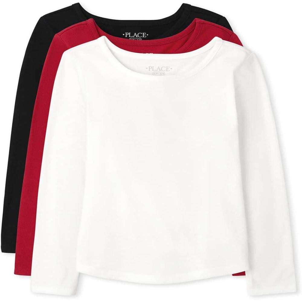 imageThe Childrens Place Girls Long Sleeve Basic Layering TeesBlackRedWhite 3 Pack