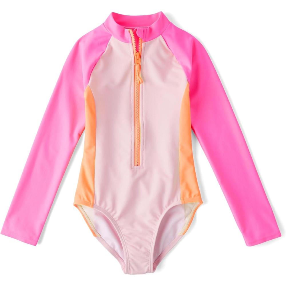 imageThe Childrens Place Girls Long Sleeve Half Zip One Piece Rashguard SwimsuitCameo