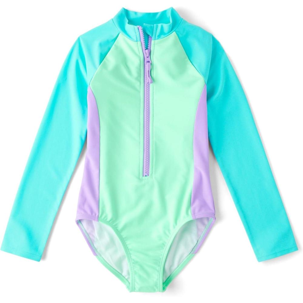 imageThe Childrens Place Girls Long Sleeve Half Zip One Piece Rashguard SwimsuitNeon Mint