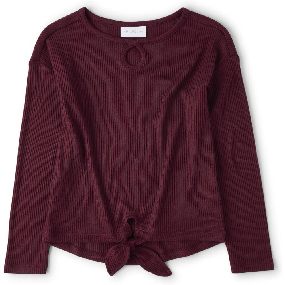 imageThe Childrens Place Girls Long Sleeve Knit Tie Front TopSugar Beet
