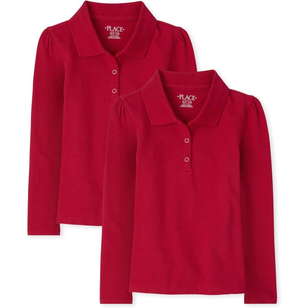 imageThe Childrens Place Girls Long Sleeve Pique Polo 2 PackRuby 2pack