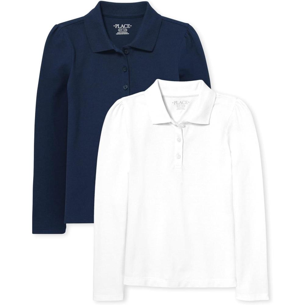 imageThe Childrens Place Girls Long Sleeve Pique Polo 2 PackTidalWhite 2pack