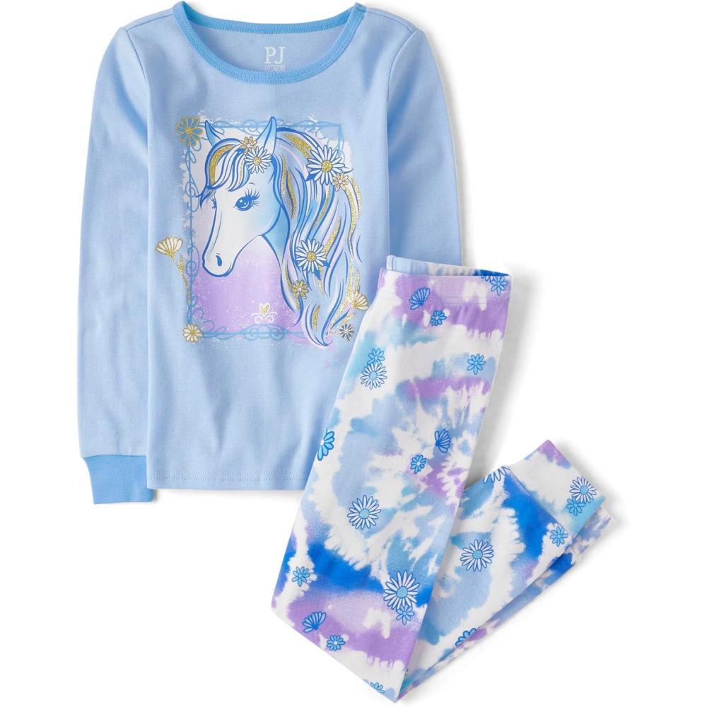 imageThe Childrens Place Girls Long Sleeve Top and Pants Snug FitBlue Horse Tie Dye