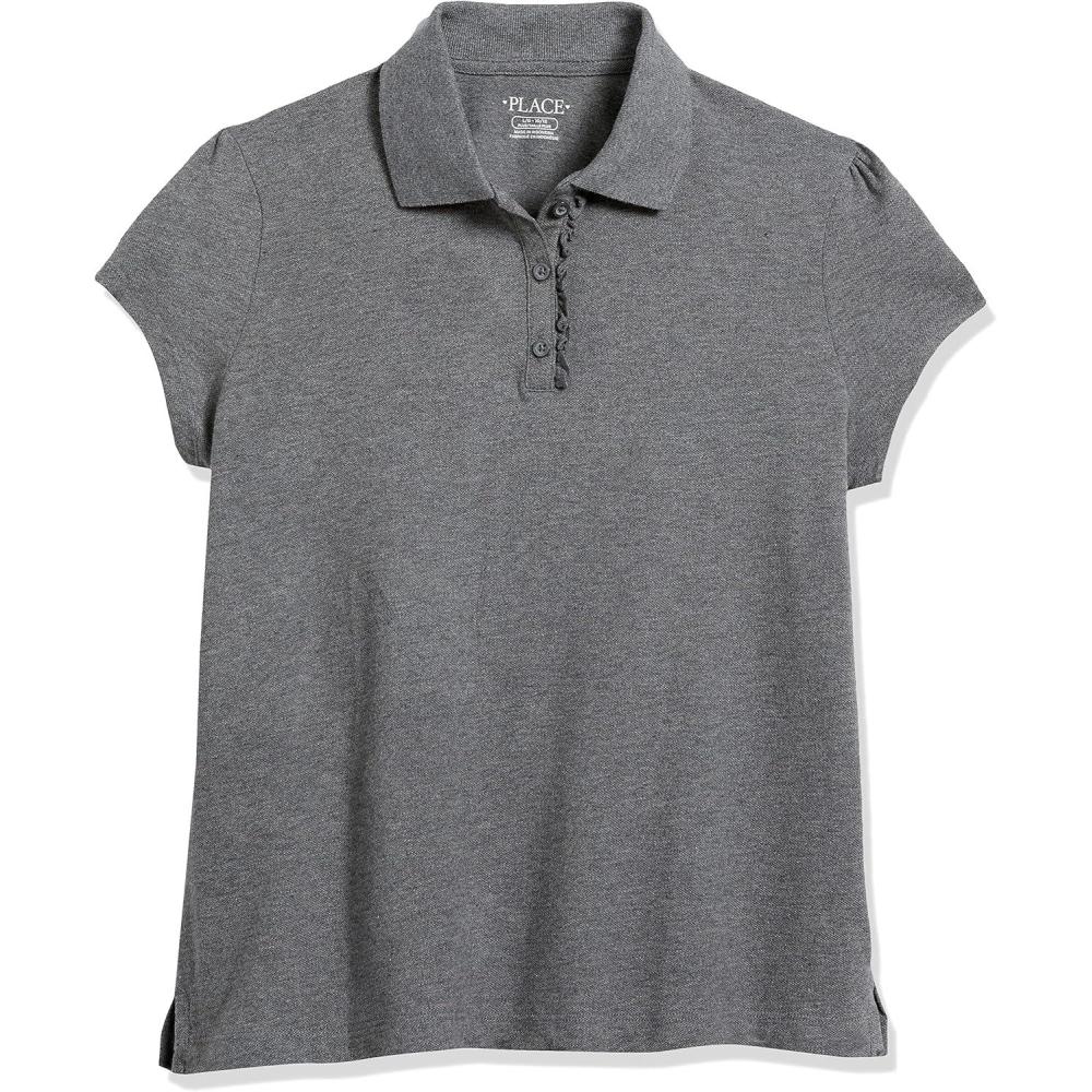 imageThe Childrens Place Girls Short Sleeve Ruffle Pique Polo ShirtDk Heather Grey