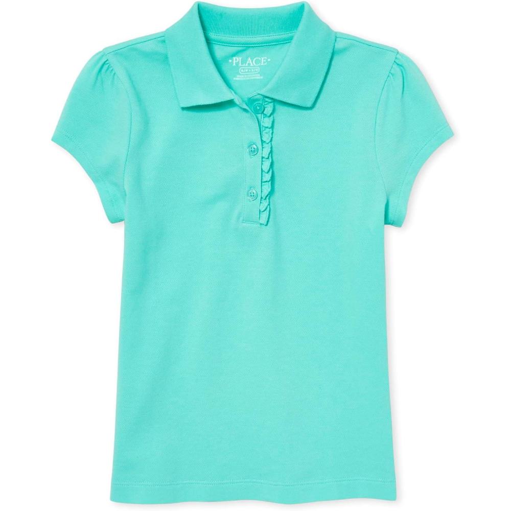 imageThe Childrens Place Girls Short Sleeve Ruffle Pique Polo ShirtSeafrost Single