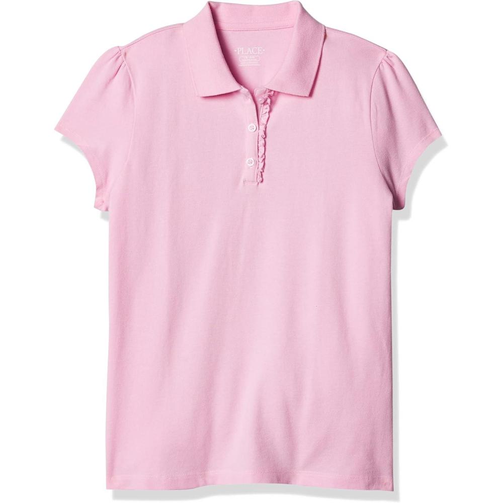 imageThe Childrens Place Girls Short Sleeve Ruffle Pique Polo ShirtSparkle Pink Single