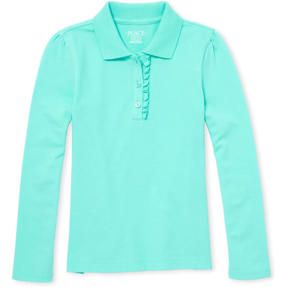 imageThe Childrens Place Girls Uniform Long Sleeve Ruffle Pique PoloSeafrost Single