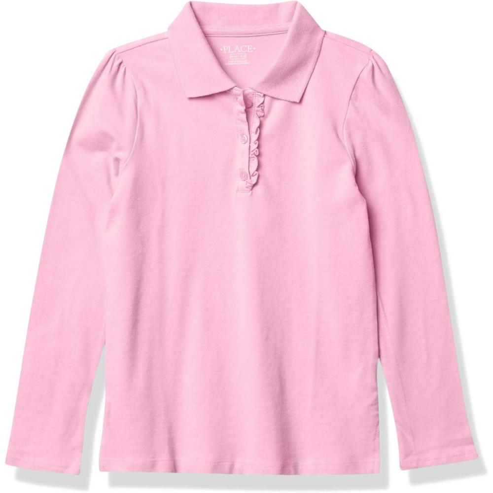 imageThe Childrens Place Girls Uniform Long Sleeve Ruffle Pique PoloSparkle Pink Single