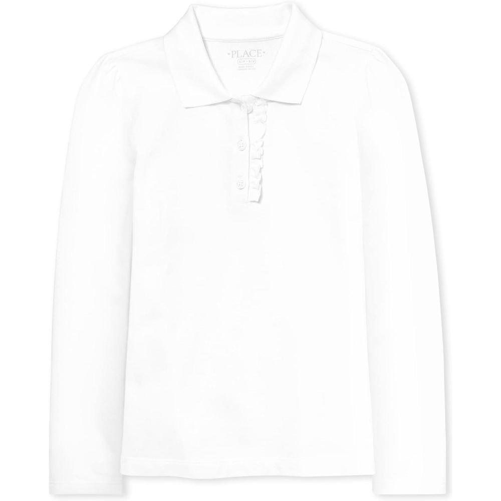 imageThe Childrens Place Girls Uniform Long Sleeve Ruffle Pique PoloWhite