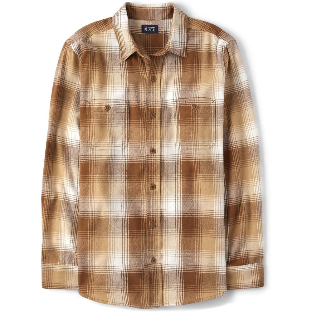 imageThe Childrens Place Mens Long Sleeve Button Up ShirtCream Plaid Flannel  Dad