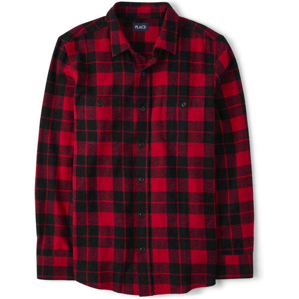 imageThe Childrens Place Mens Long Sleeve Button Up ShirtRed Birch Flannel  Dad
