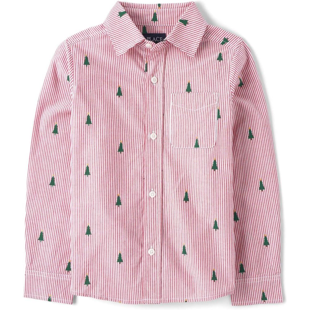 imageThe Childrens Place Mens Long Sleeve Button Up ShirtRed Tree Stripe