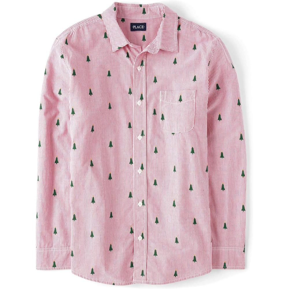 imageThe Childrens Place Mens Long Sleeve Button Up ShirtRed Tree Stripe Dad