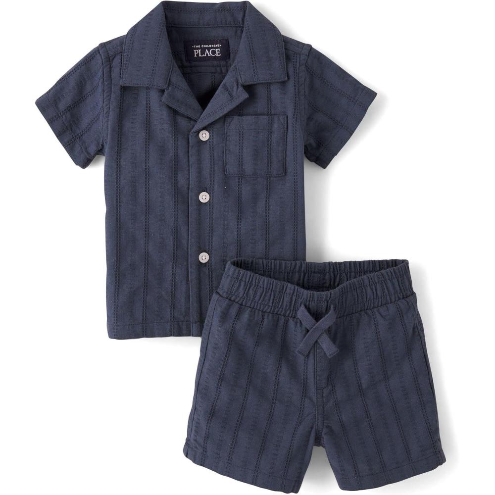imageThe Childrens Place babyboys And Newborn Short Sleeve Top and Shorts2piece Outfit SetStonewear Blue