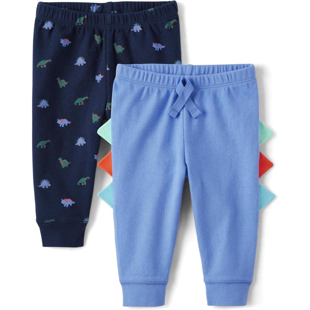 imageThe Childrens Place babyboys Cotton PantsBlue Dino 2pack