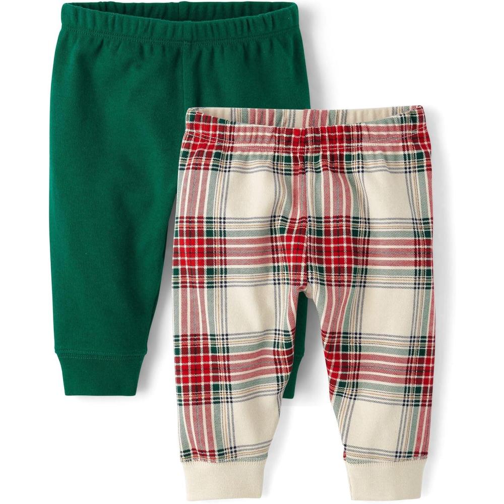imageThe Childrens Place babyboys Cotton PantsGreenRed Plaid 2pack