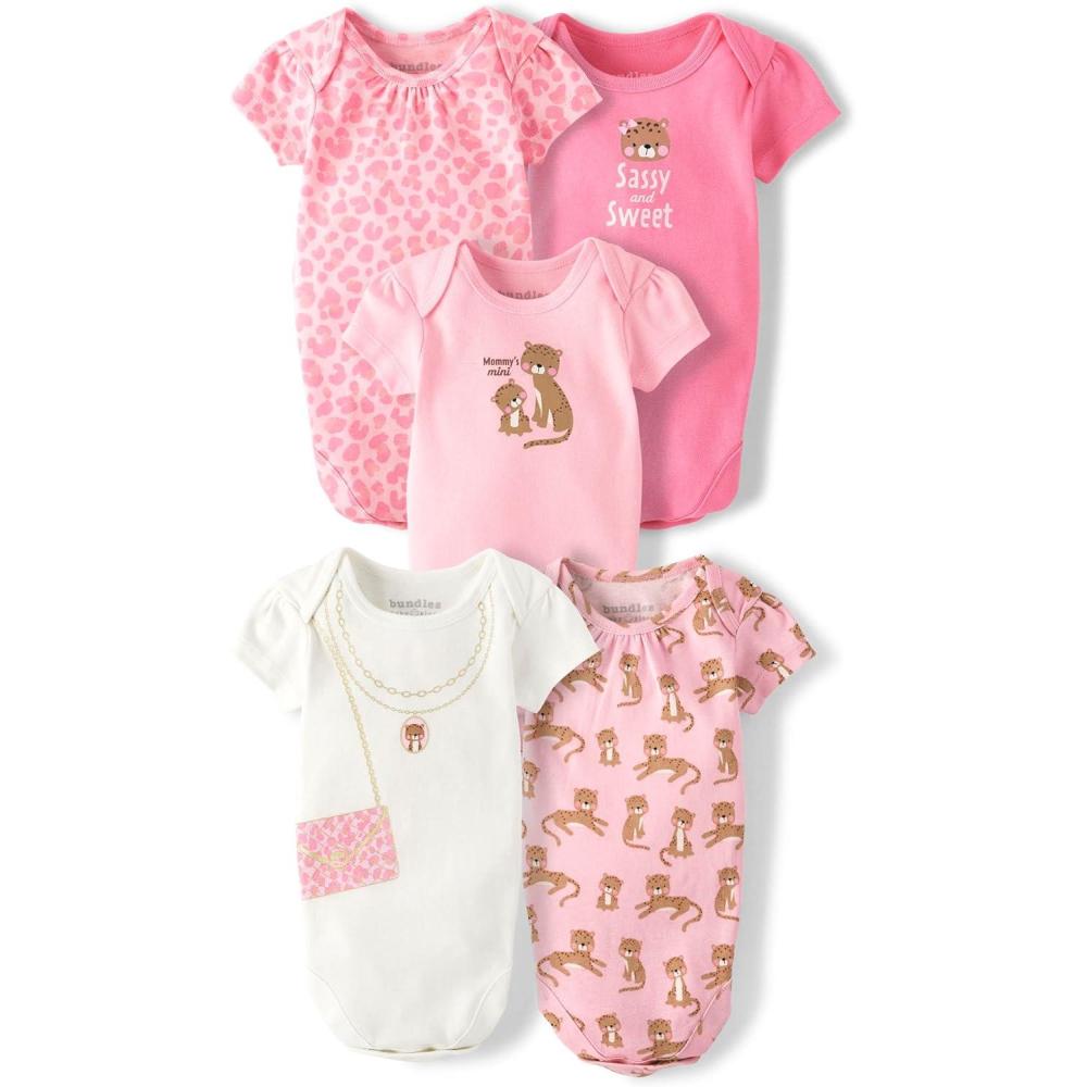 imageThe Childrens Place babygirls Long Sleeve 100 Cotton Onesie BodysuitsHeart PursePink LeopardLight Pink LeopardLeopardsSweet and Sassy