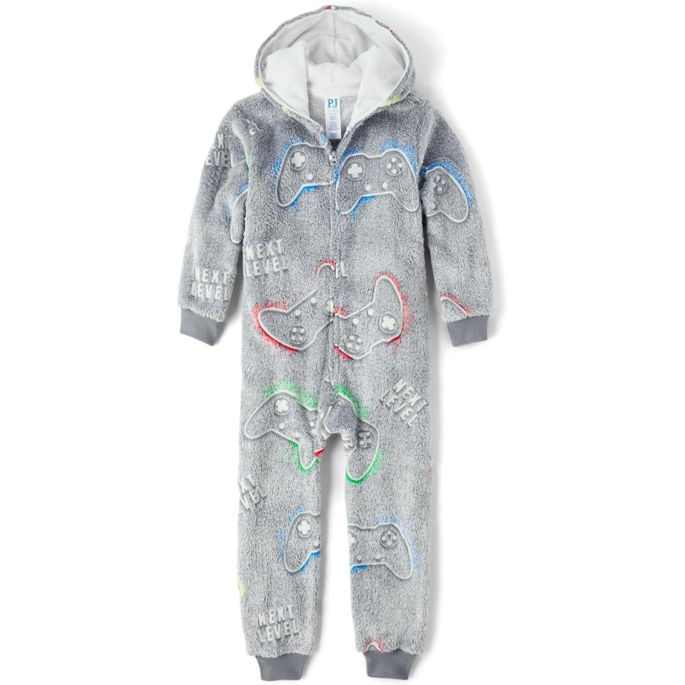 imageThe Childrens Place boys Long Sleeve Fleece Hooded Zip Front One Piece PajamasGamer Controller Sherpa