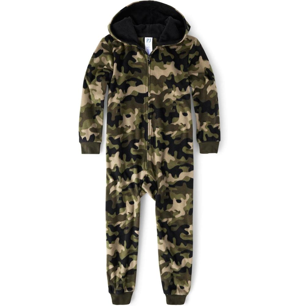 imageThe Childrens Place boys Long Sleeve Fleece Hooded Zip Front One Piece PajamasGreen Camo