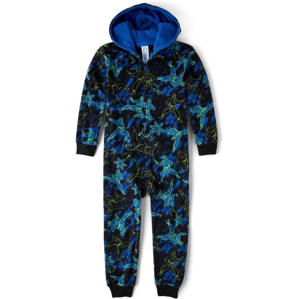 imageThe Childrens Place boys Long Sleeve Fleece Hooded Zip Front One Piece PajamasLime Ninja