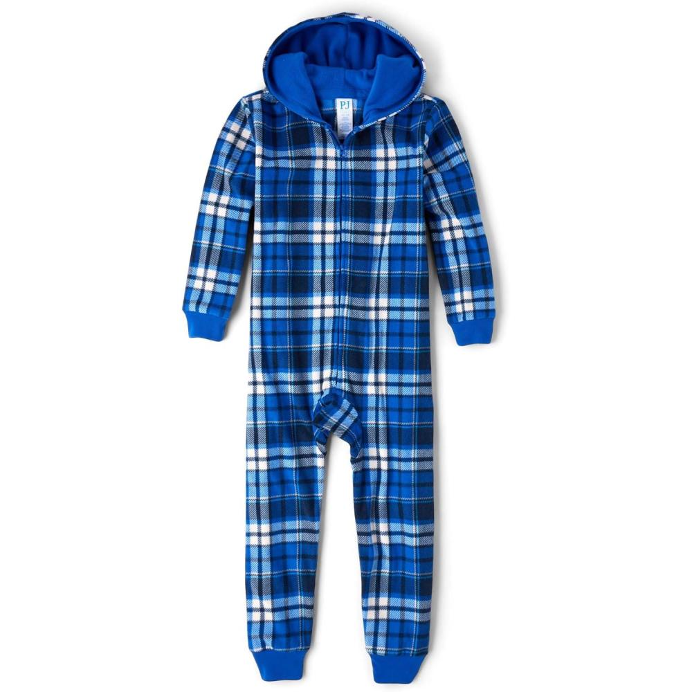 imageThe Childrens Place boys Long Sleeve Fleece Hooded Zip Front One Piece PajamasTidal Plaid