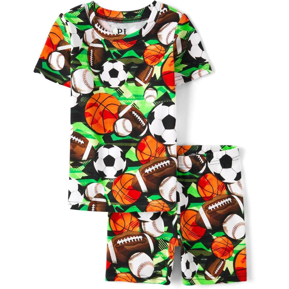 imageThe Childrens Place boys Short Sleeve Top and Shorts Snug Fit 100 Cotton 4 Piece Pajama SetDreaming Sports