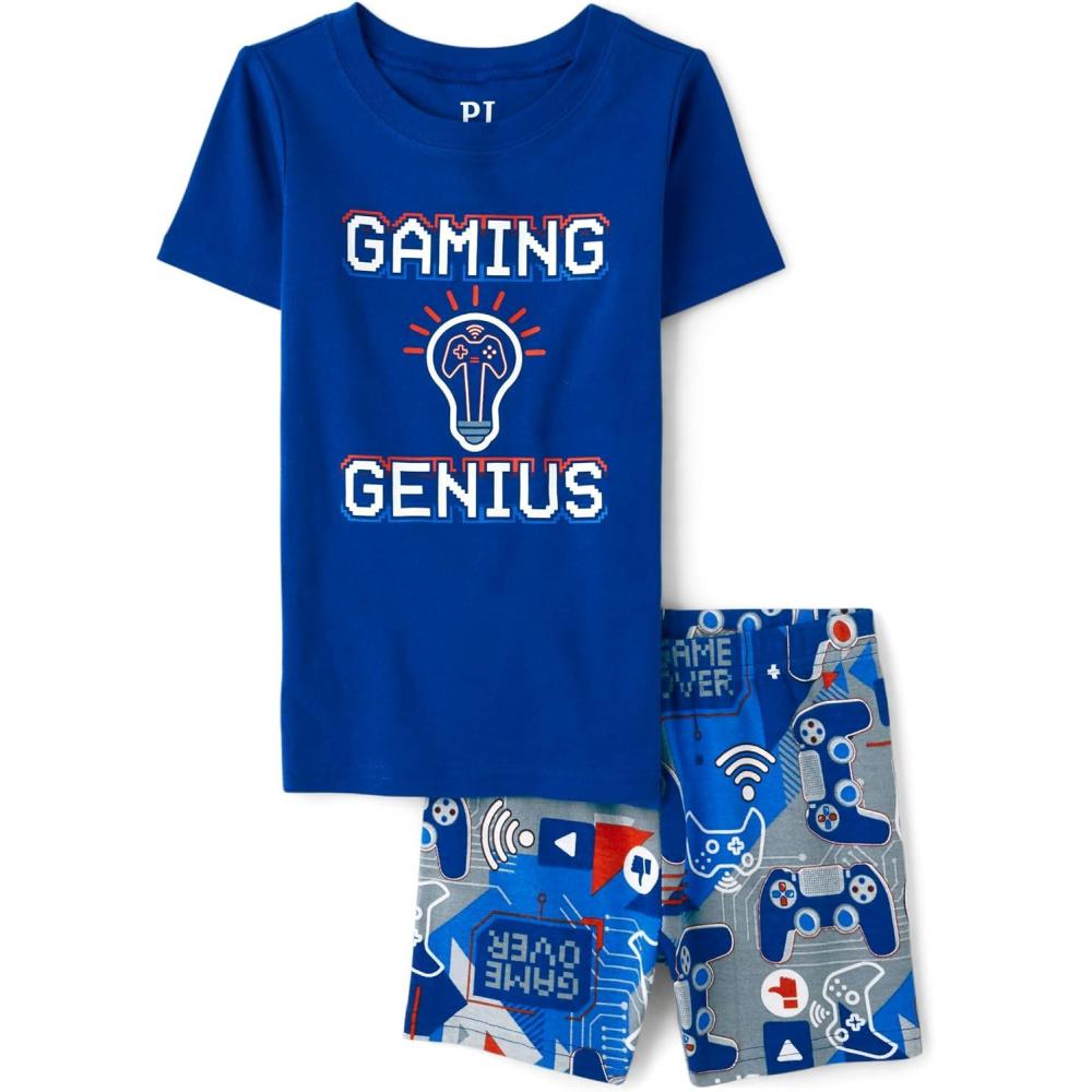 imageThe Childrens Place boys Short Sleeve Top and Shorts Snug Fit 100 Cotton 4 Piece Pajama SetGaming Genius Glow