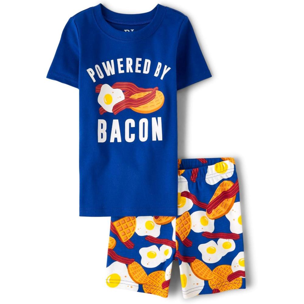 imageThe Childrens Place boys Short Sleeve Top and Shorts Snug Fit 100 Cotton 4 Piece Pajama SetPowered By Bacon