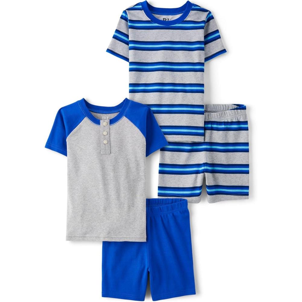 imageThe Childrens Place boys Short Sleeve Top and Shorts Snug Fit 100 Cotton 4 Piece Pajama SetValient BlueStripe