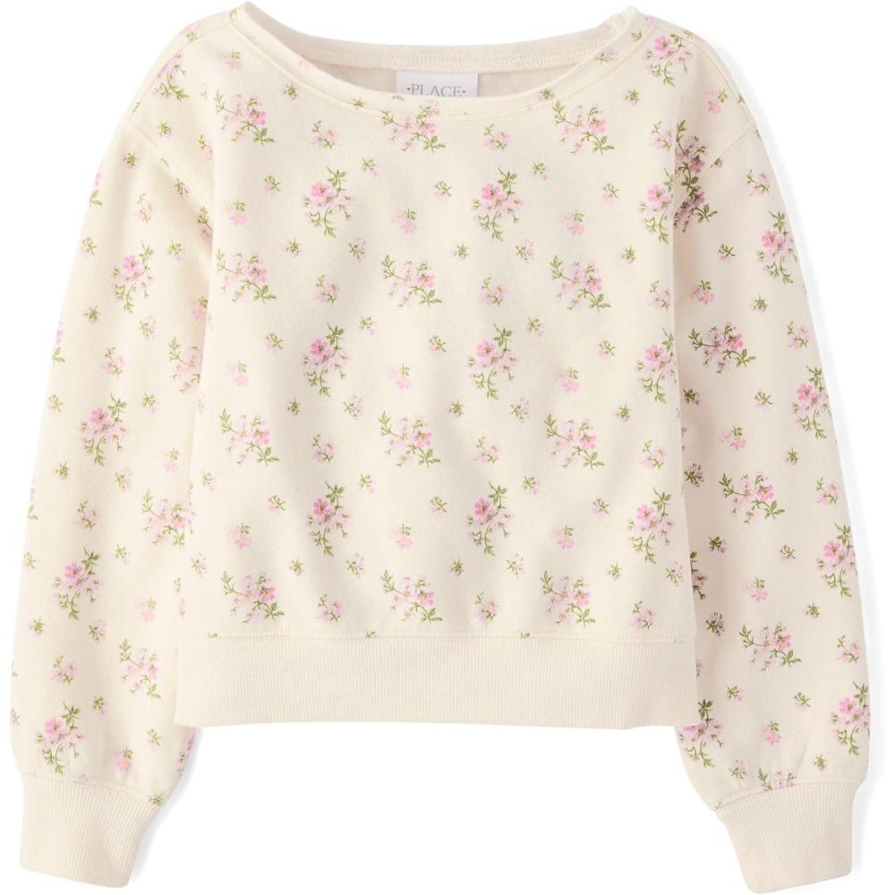 imageThe Childrens Place girls Active Long Sleeve Fleece Pullover SweatshirtWhite Daisy
