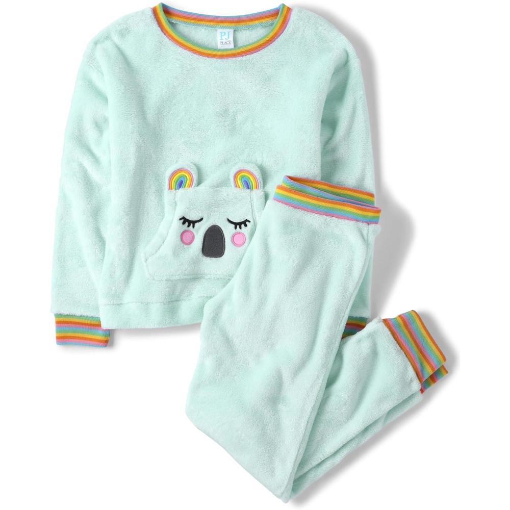 imageThe Childrens Place girls Long Sleeve Top and Bottoms Cozy Fleece 2 Piece Pajama SetMint Koala
