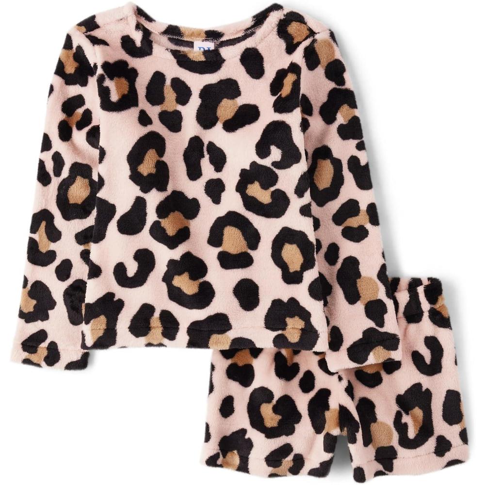 imageThe Childrens Place girls Long Sleeve Top and Bottoms Cozy Fleece 2 Piece Pajama SetPink Leopard Shorts