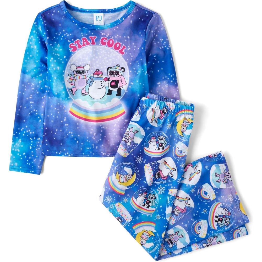 imageThe Childrens Place girls Long Sleeve Top and Pants2 Piece Pajama SetBlue Snowglobes