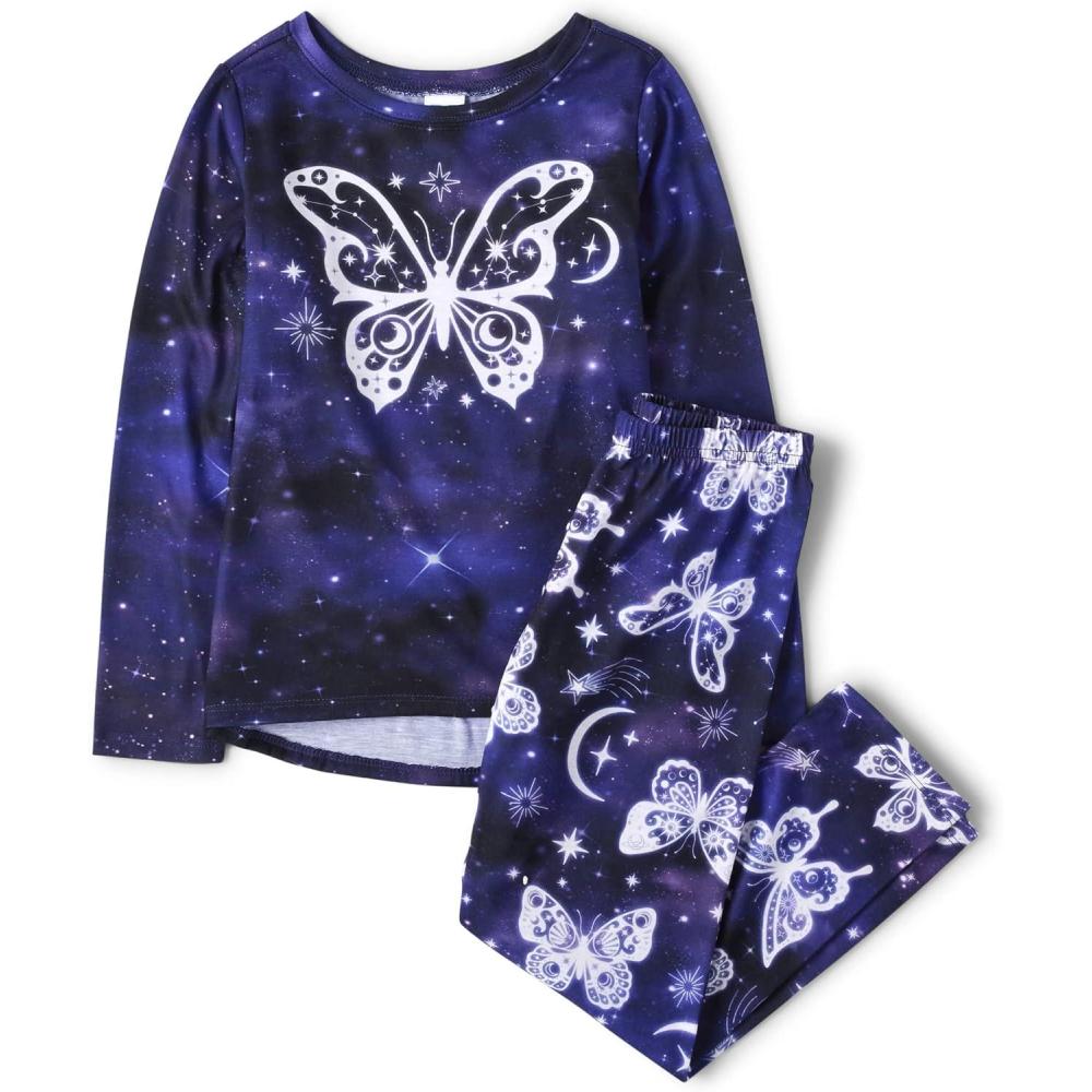 imageThe Childrens Place girls Long Sleeve Top and Pants2 Piece Pajama SetRoyal Blue Butterfly