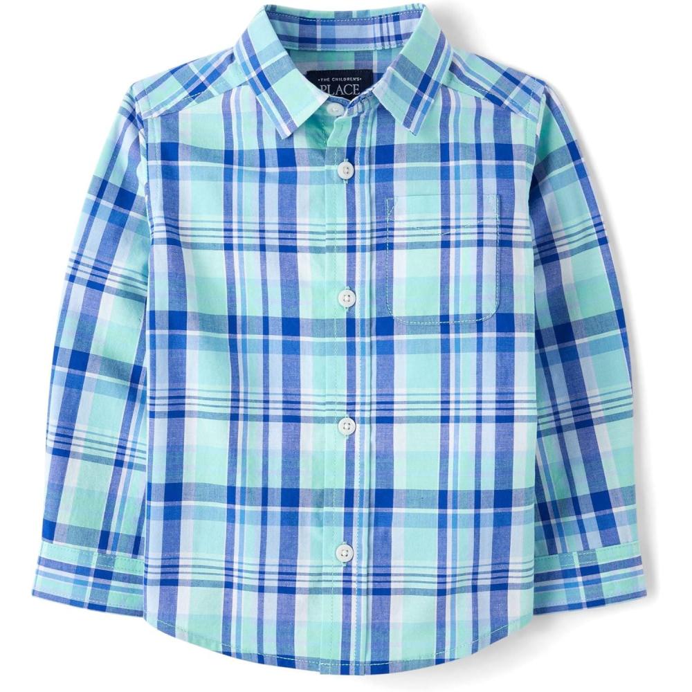 imageThe Childrens PlaceBaby Boysand Toddler Poplin Long Sleeve Button Down ShirtMellow Aqua Plaid18 Months24 Months