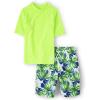 The Children’s Place Boys Short Sleeve Rashguard and Swim Trunk, 2-Piece Set(Green Palms)