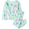 The Children’s Place girls Long Sleeve Top and Bottoms Cozy Fleece 2 Piece Pajama Set(Mint Doodle Print)
