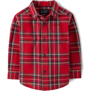The Children’s Place Big Boys’ Long Sleeve Poplin Button Down Shirt(Classic Red Tartan)